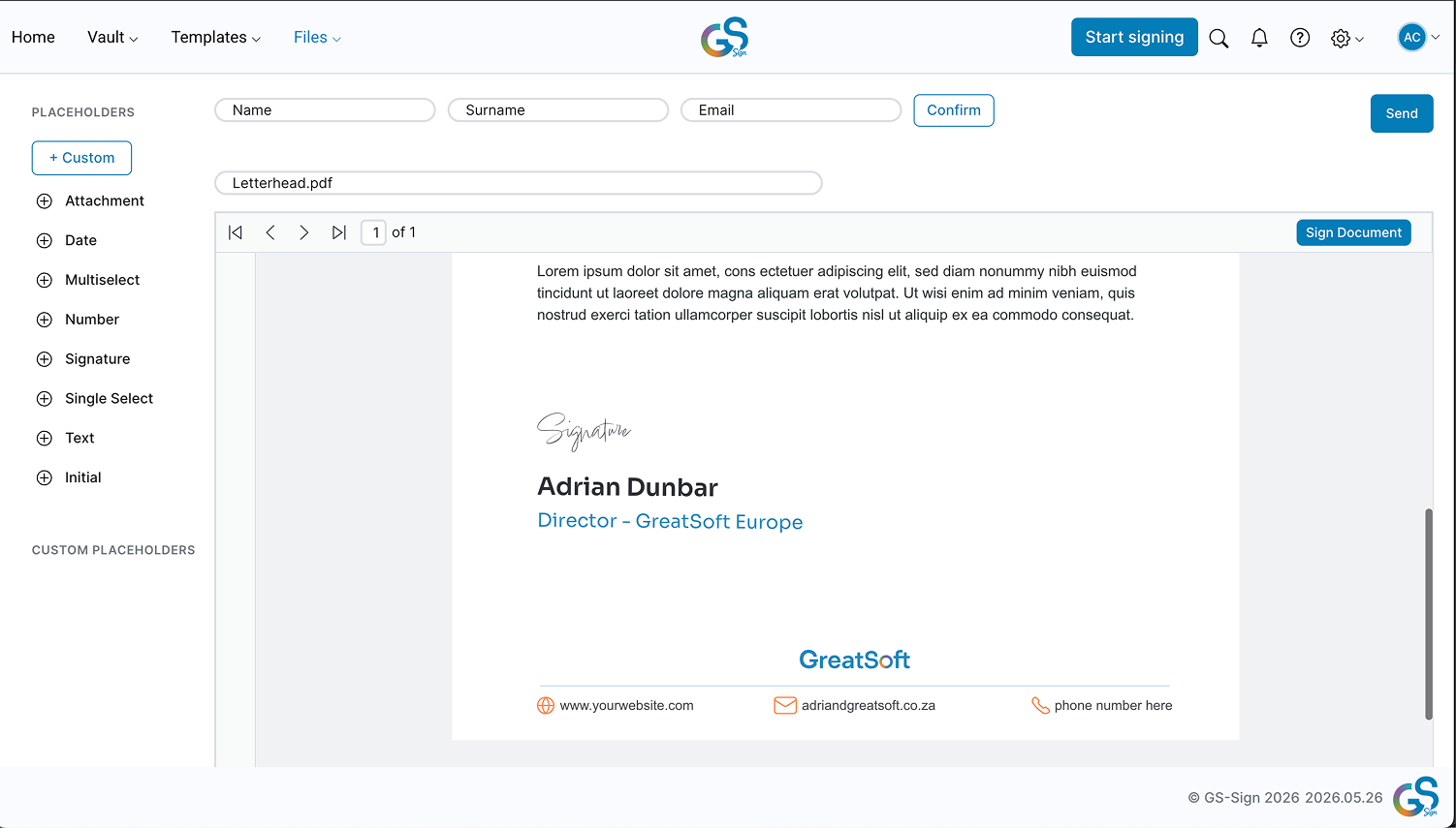 E-Signatures interface screenshot